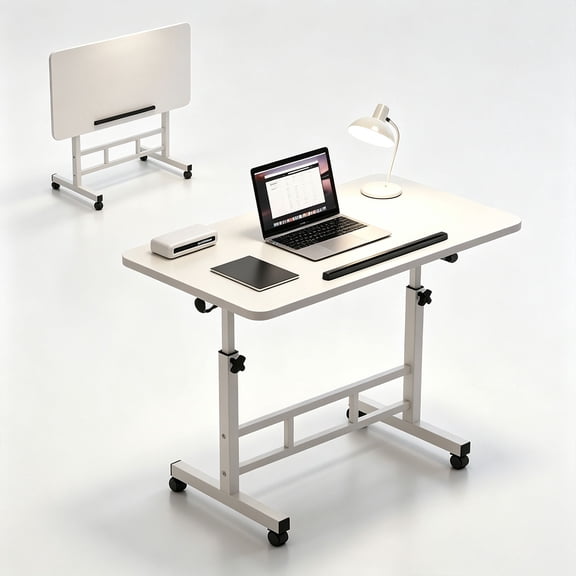 Liwantech Adjustable Tiltable Mobile Standing Laptop Desk 25.6"-34.3" White, 360° Portable Folding Table with Rolling Casters for Home Office Treadmill