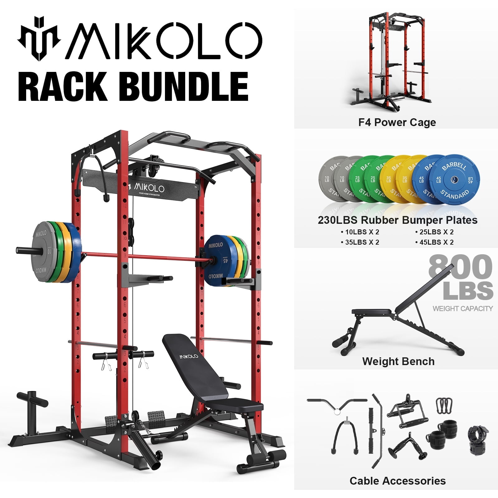 Power Cage - Red / Home Gym Package(230LB Colorful Plates）