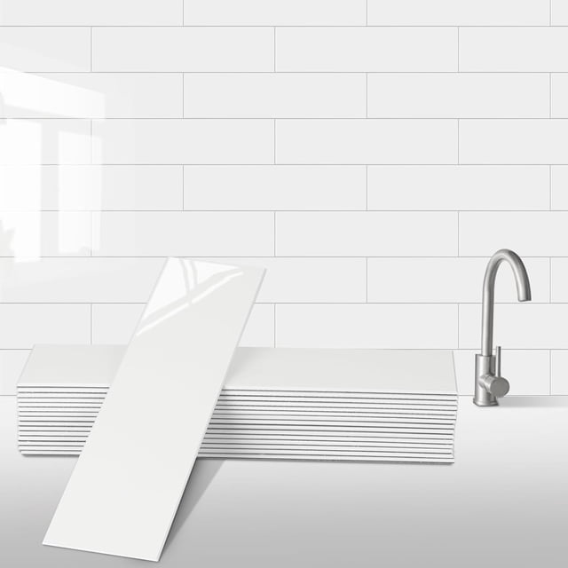 AllDecoo 24-Pieces Peel and Stick Tiles for Kitchen Backsplash, New Upgrade Design 12" x 3"PVC Subway Backsplash Tiles, Cream White Premium Finger Tiles, Peel and Stick Backsplash for Kitchen.
