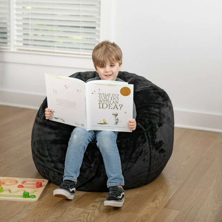 Emma + Oliver Small Black Furry Refillable Bean Bag Chair for Kids