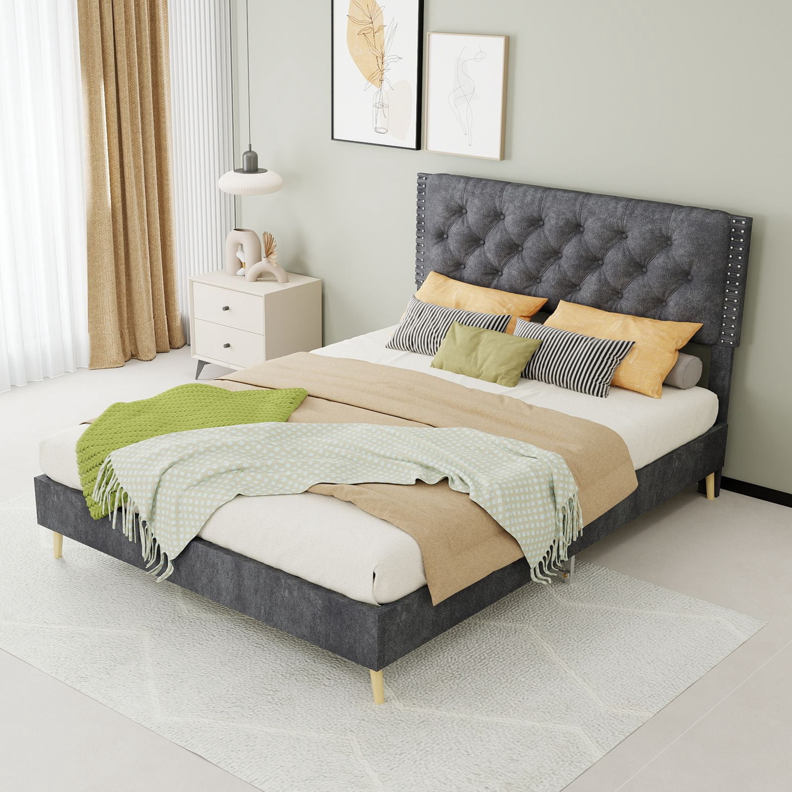Alvantor Full Size Upholstered Bed Frame with Padded Headboard, Holland Velvet Tufted Gray