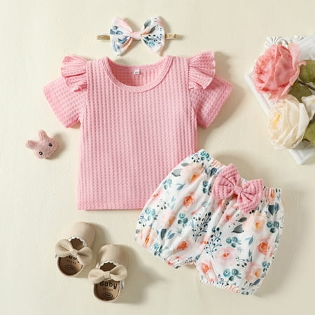 

Hunpta Newborn Toddlers Girl Clothes Ribbed Romper Floral Shorts Headband 3Pcs Outfits Set