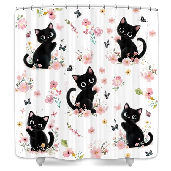 Cute Black Cat Shower Curtain,Funny Animal Cartoon Cat Pink Red Floral Bathtub Curtains,Modern Aesthetic Retro Rustic Bathroom Decor for Girls Women,69X70 in