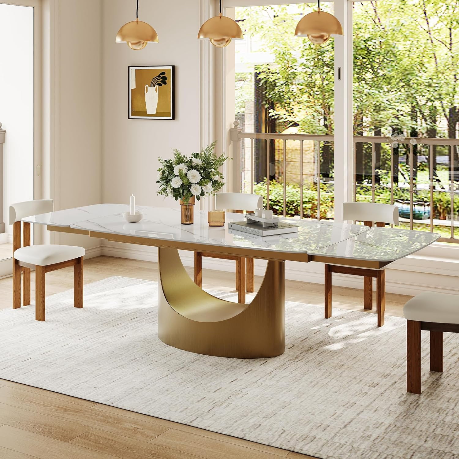 Extendable Dining Room Table for 6-12, Modern Dining Table 63" to 95" Expandable Dining Table, Faux Marble Rectangle Dining Table with Carbon Steel Base for Kitchen (Table Only)
