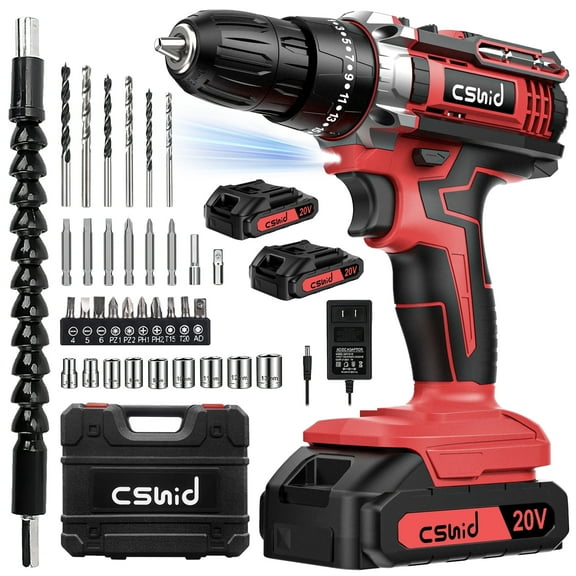 Cshidworld 20V Cordless Power Drill Set, Drill Kit with 2 Lithium-Ion & Charger, 3/8" Keyless Chuck, Electric Drill W/ 2 Variable Speed & LED Light, 25 1 Position and 34pcs Drill/Driver Bits(Red)
