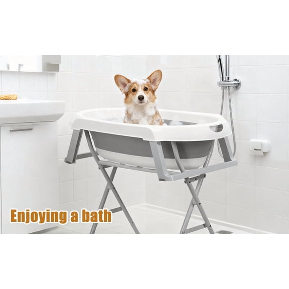 SUSUchens Foldable Pet Bathtub,2 in 1 Collapsible Dog Cat Washing Station,Portable Pet Shower Bathtub with Stand and Drainage & Storage Rack (Grey)