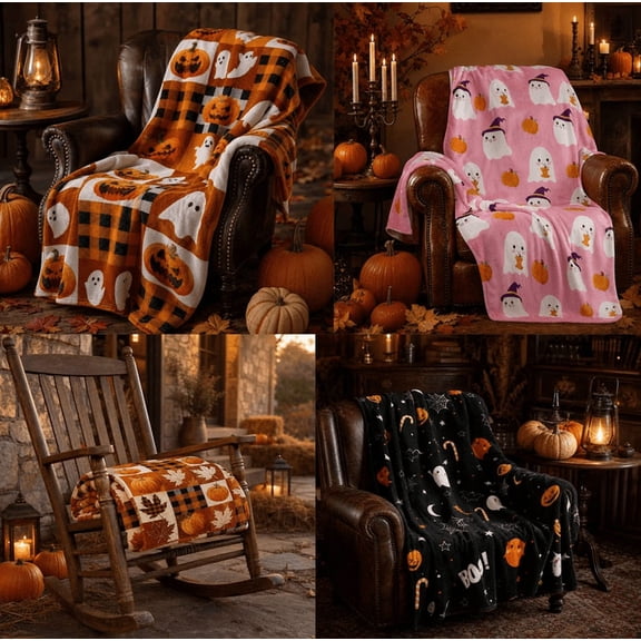 Halloween Flannel Throw Blanket, Pumpkins White Ghosts and Spiderwebs Black Blanket For Sofa Bed Versatile Home Bedroom Living Room And Holiday Decor, 1Pcs,39.4 x27.6in