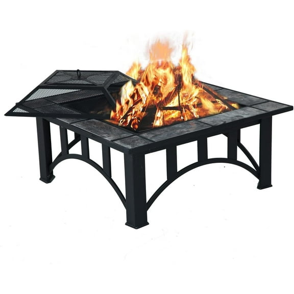 Steel Fire Pits for Outside Wood Burning Fire, 33" Square Marble Tile Firepits Includes Fire Poker and Mesh Lid, for Garden,Backyard,Camping