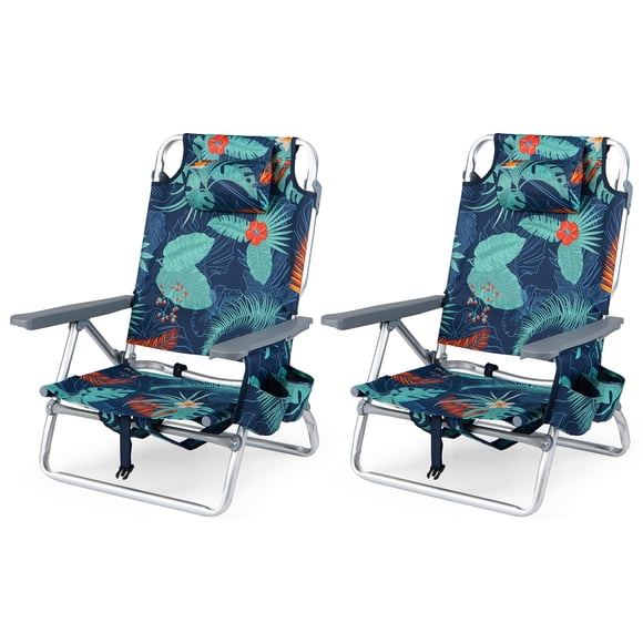 Costway Beach Chairs Set of 2 with 5-Position Backrest Padded Headrest Cup Holder for Lawn Palm Tree Green