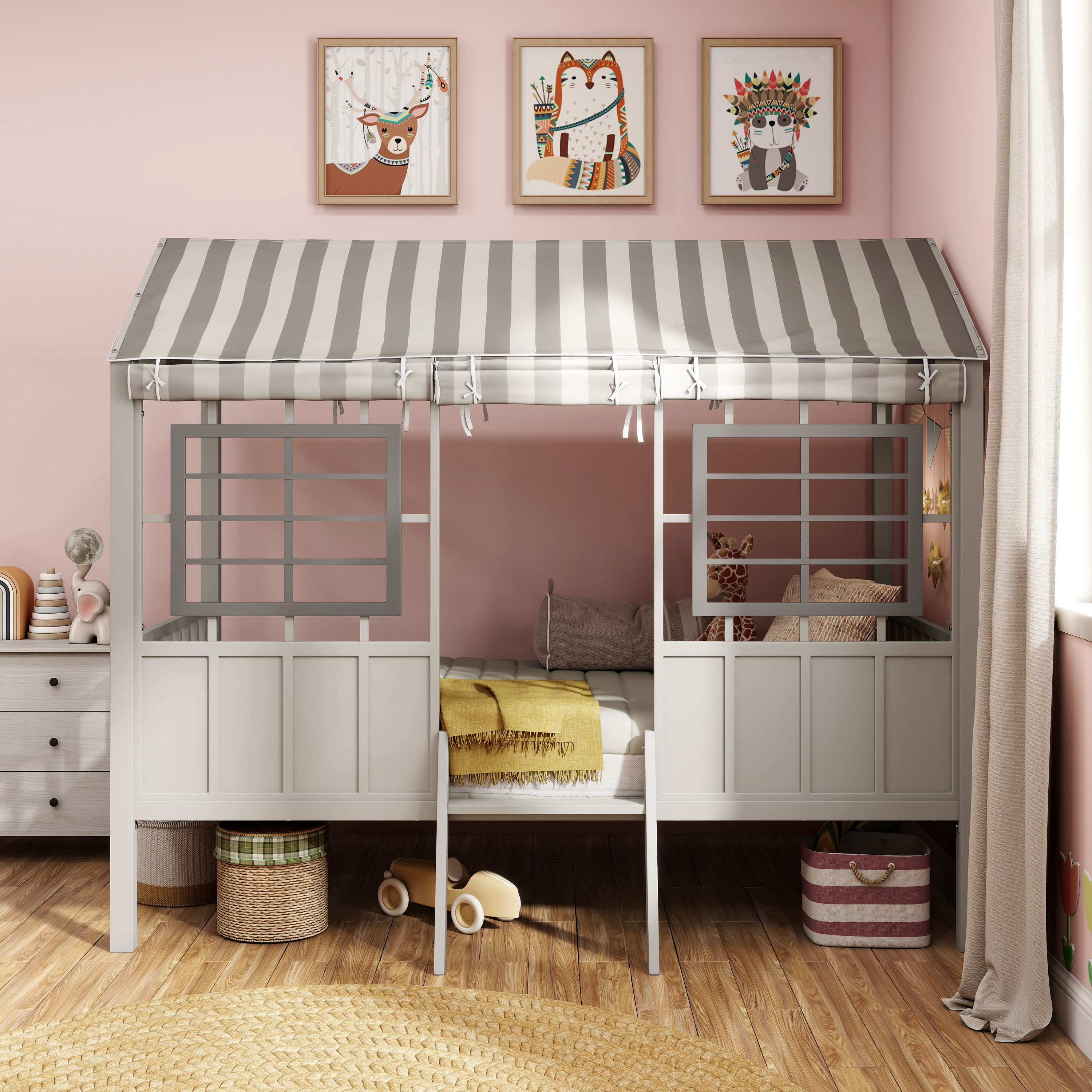 Furniture of America Little House Kids Metal Loft Bed with Guardrails, Gray, Twin