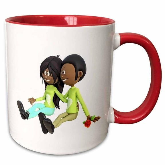 3drose, African American Cartoon Couple Sitting and in Love, 11oz Two-tone Red Mug