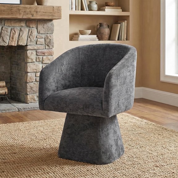 ENYLAY Swivel Modern Accent Chair,Luxury Fabric Upholstered Makeup Chair Comfy Barrel Chair with No Wheels,360°Rotating Vanity Armchair for Living Room Bedroom Office (Dark Gray, 1 Pc)