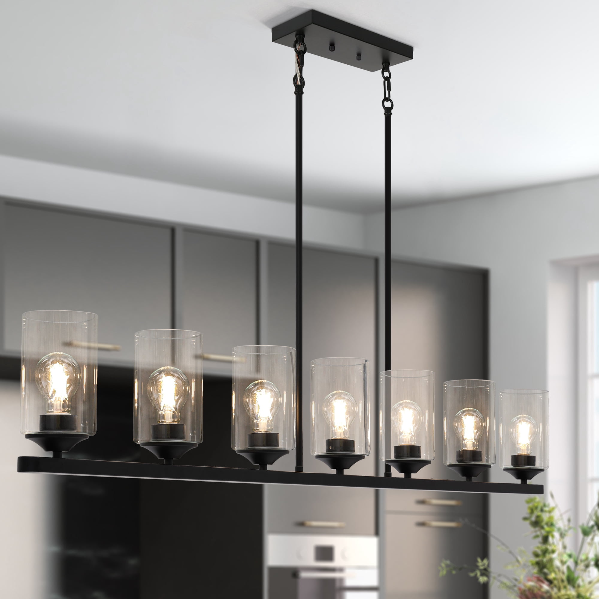 LNC Delia 7-Light Matte Black Large Linear Pendant with Clear Glass for Kitchen Island