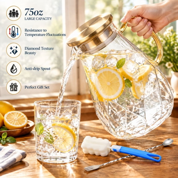 Glass Pitcher with Lid and Spout, 75oz Borosilicate Glass Water Pitcher for Fridge, Heat Resistant Iced Tea Pitcher & Lemonade Juice Carafe with Cleaning Brush and Stirring Spoon