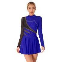 Doomiva Women Giltter Rhinestone Dance Dress Long Sleeve Figure Ice Skating Dance Leotard Dress Royal Blue XXL