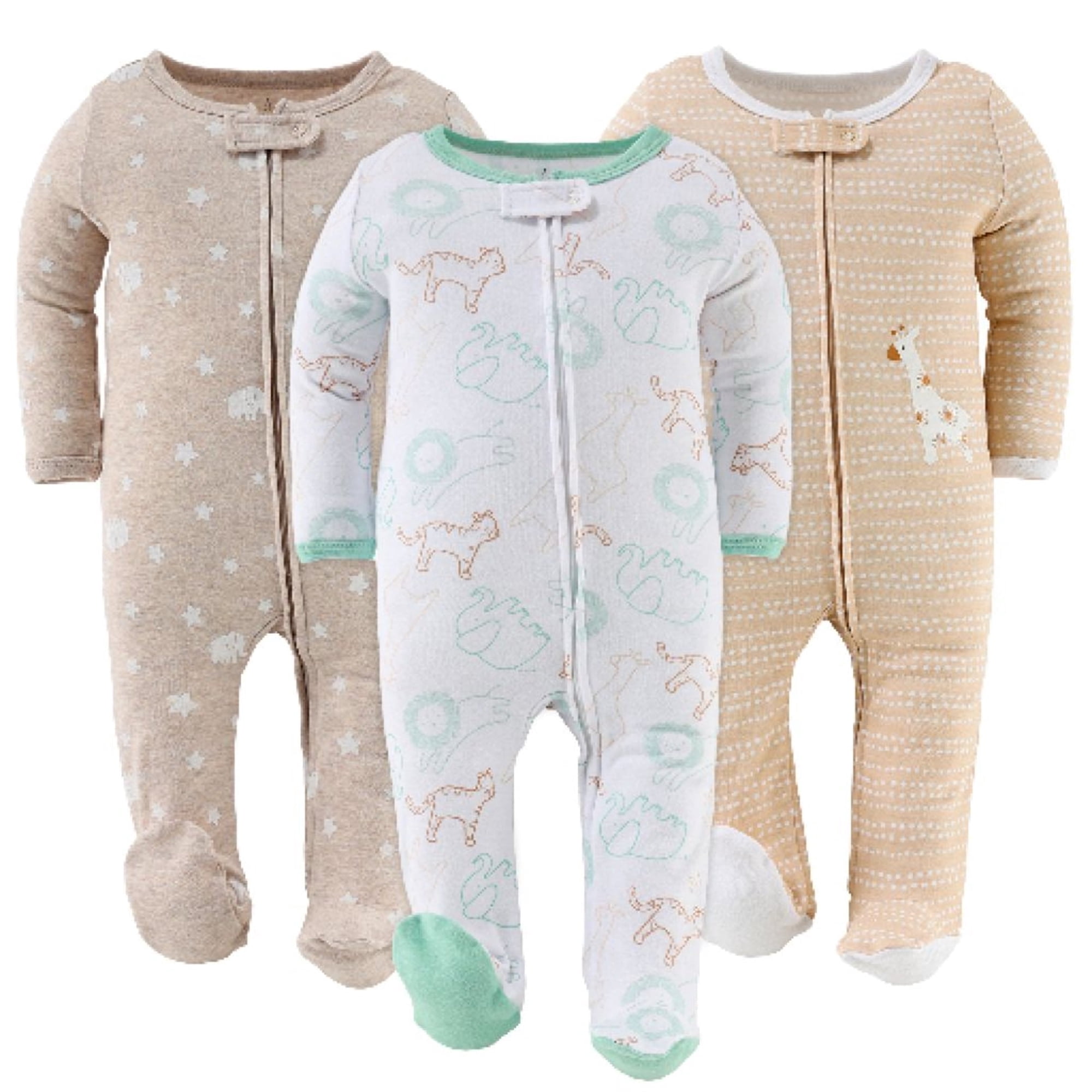 The Peanutshell Serene Safari Baby Bodysuit Sleeper Set for 0-3 Months, 3-Pack