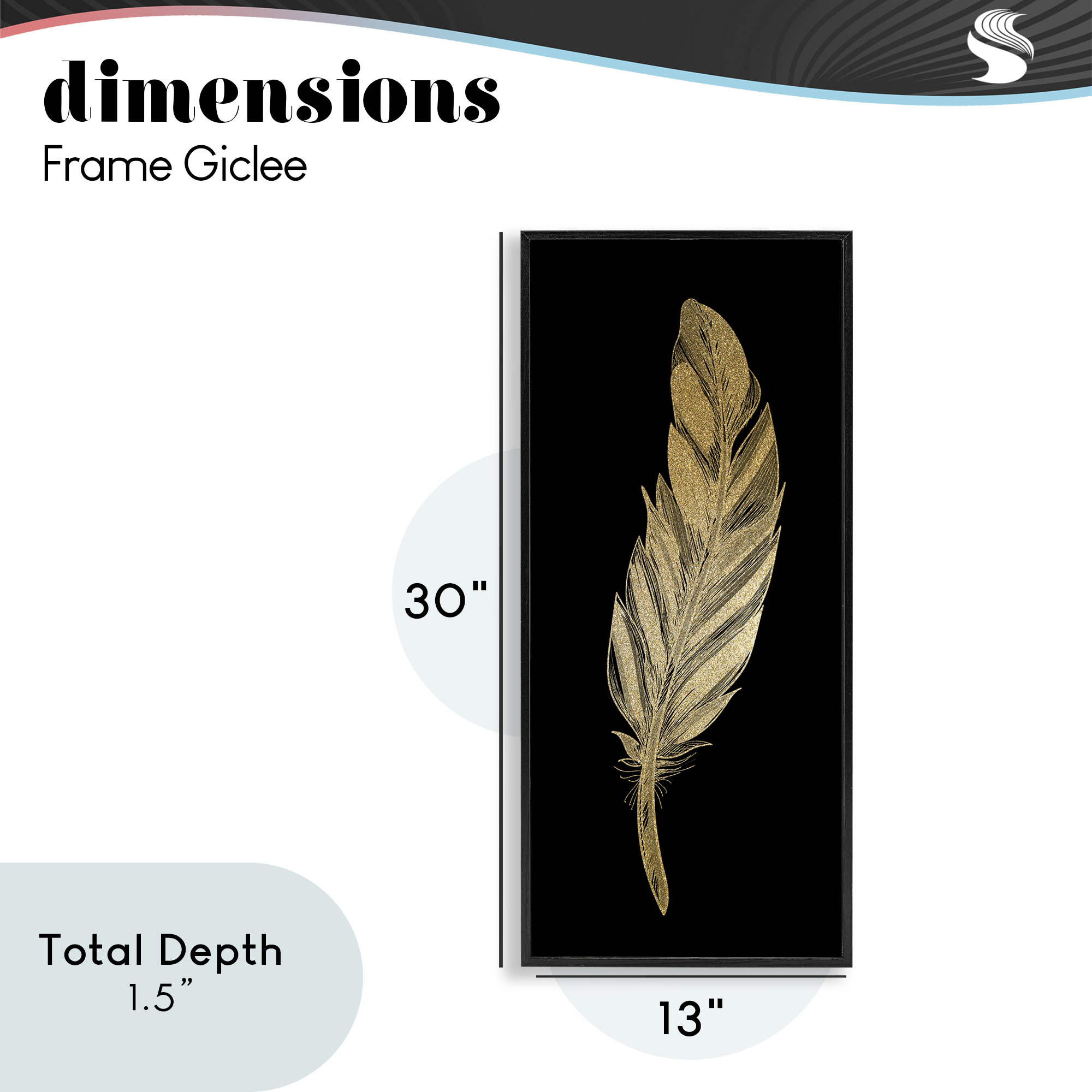 Glam Feather Black & Gold Black Framed Giclee Art, design by Kim Allen