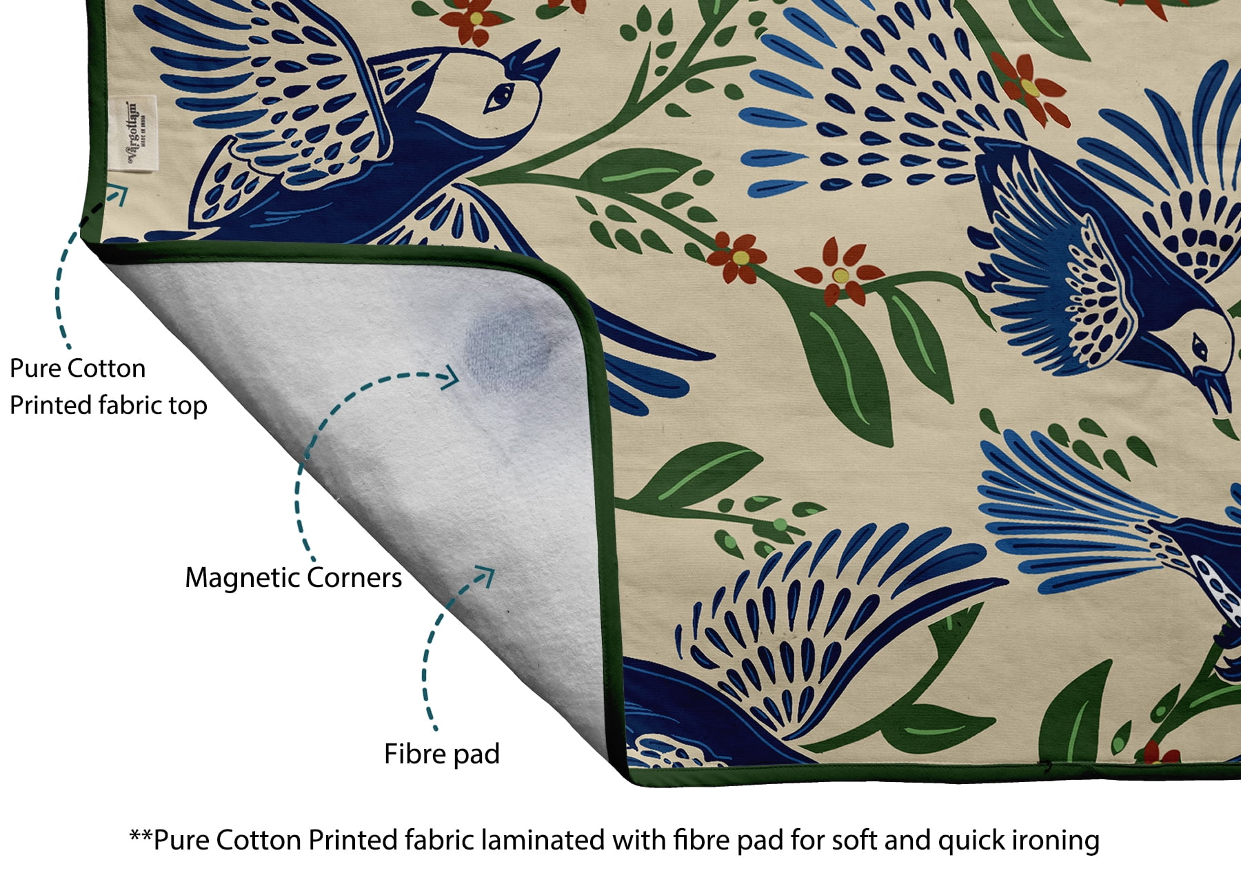 Vargottam Portable Ironing Mat - 28"x48" Foldable Cotton Ironing Pad with Silicone Rest & Magnetic Corners - Travel-Friendly, Space-Saving Iron Board Alternative for Small Homes, Dorms, RVs - Bird