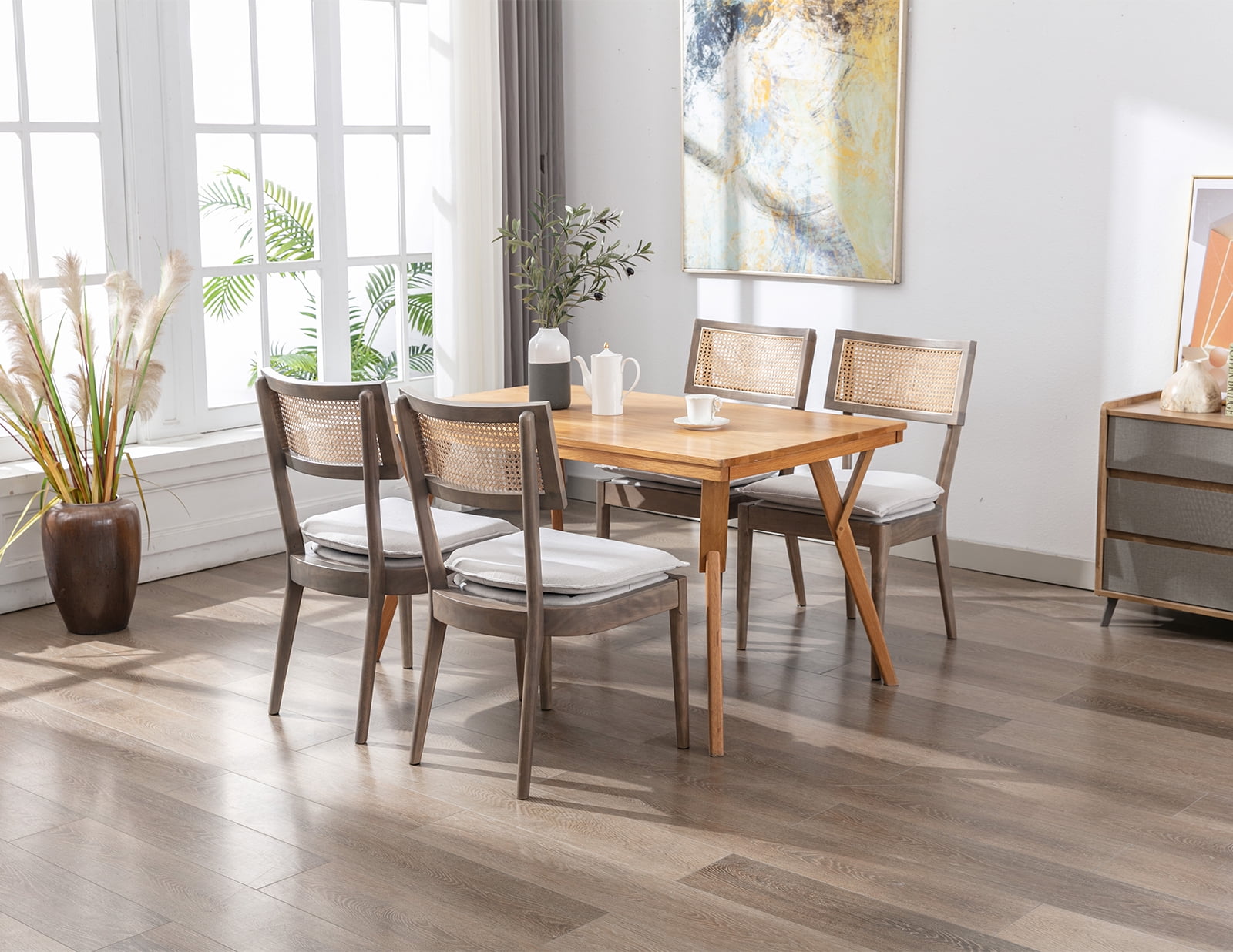 Guyou Classical Wooden Dining Chairs Set of 4, Farmhouse Rattan Cane Back Kitchen Chairs, French Country Side Chairs for Living Room Kitchen Dining Room, Light Brown