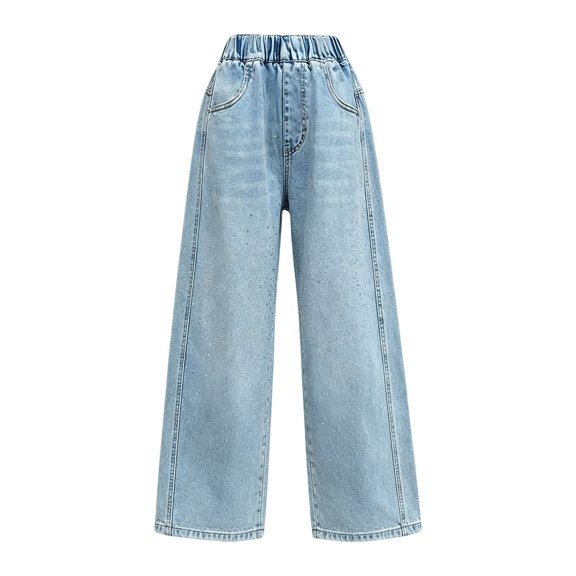 CPNG Girls Rhinestone Jeans Elastic Waist Straight Wide Leg Denim Pants Fashionable Loose Casual Denim Trousers Streetwear