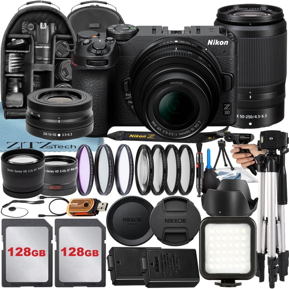 Nikon Z30 Appareil Photo Sans Miroir avec Objectif Zoom NIKKOR 16-50mm + DX 50-250mm + Lot de 2 Cartes 128 Go + Étui + Trépied + Ensemble d'Accessoires ZeeTech