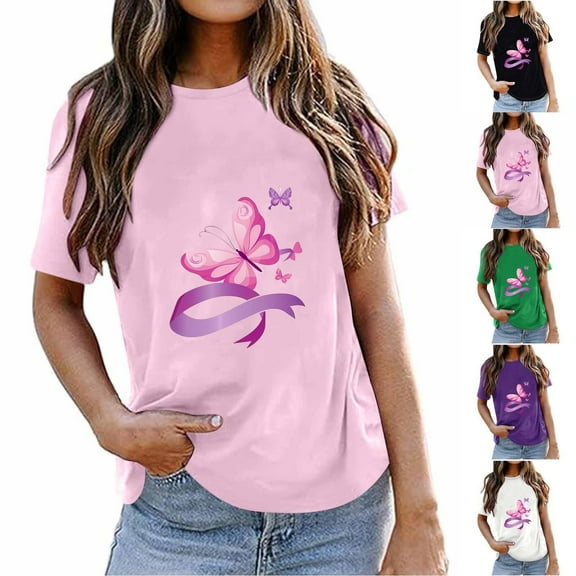 CFLVAEK Breast Cancer Awareness T Shirts for Women Loose Fitted Short Sleeve Tshirt Casual Round Neck Tops Pink Ribbon Graphic Tees for Breast Cancer Fighter Gifts XL
