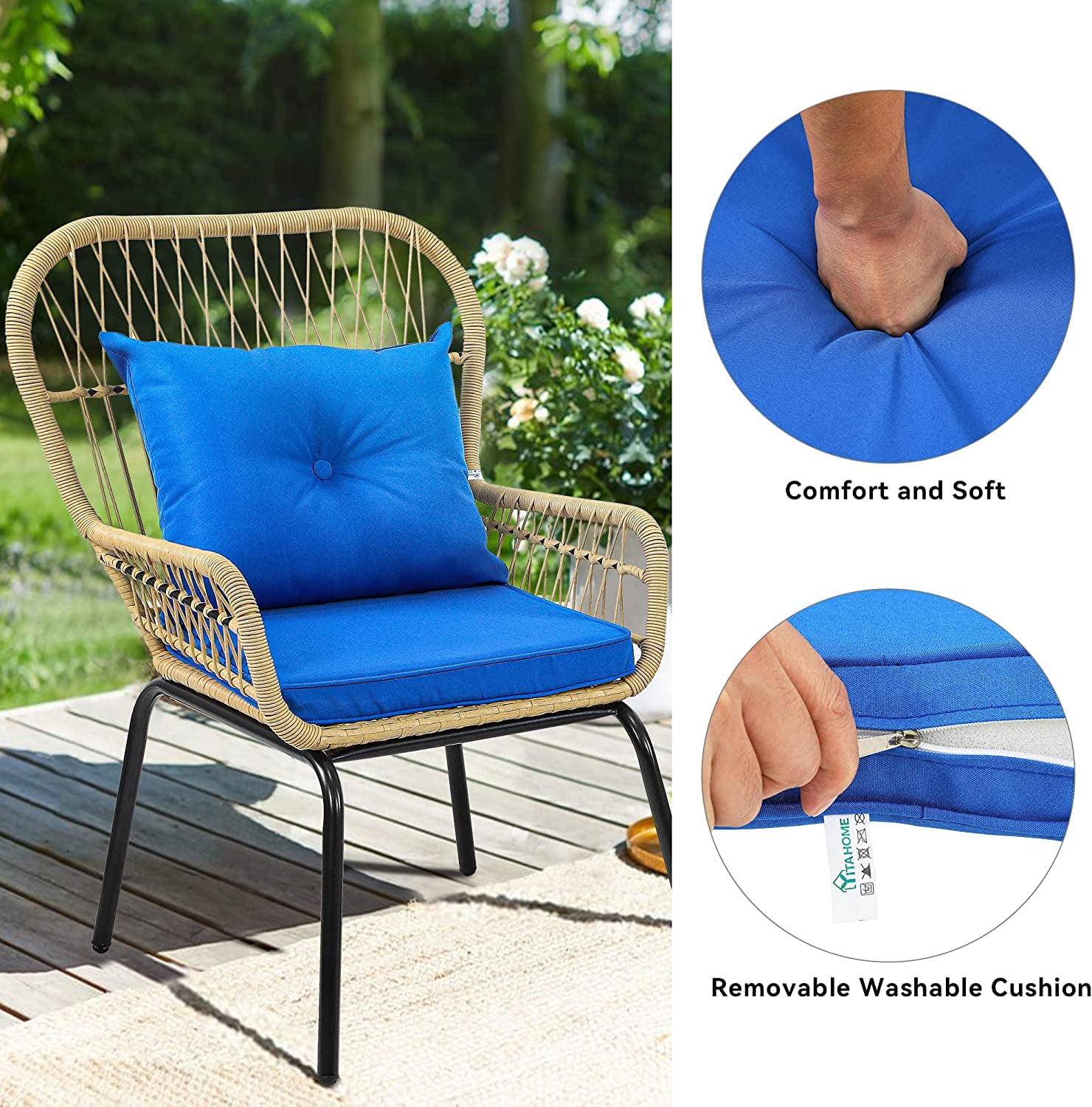 Dextrus 3-Piece Outdoor Patio Furniture Wicker Bistro Set, All-Weather Rattan Conversation Chairs for Backyard, Balcony and Deck with Soft Cushions, Glass Side Table (Light Brown+Navy Blue)
