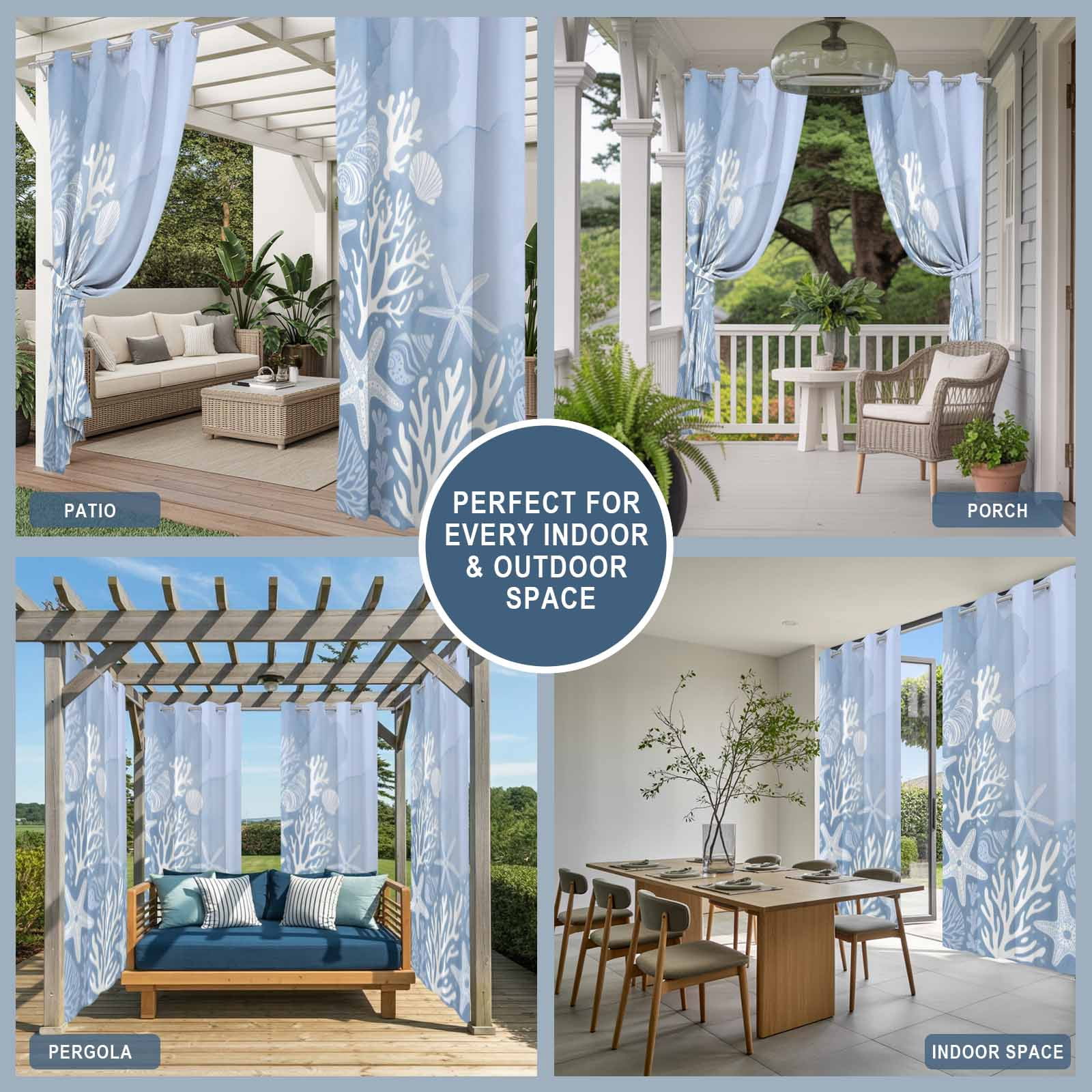Ocean Coral Outdoor Curtains for Patio, Summer Sea Star Coral Shell Purple Sunshade Privacy Drapes Grommet Waterproof Outside Curtains for Porch/Cabana/Balcony 54"x 108", 1 Panel