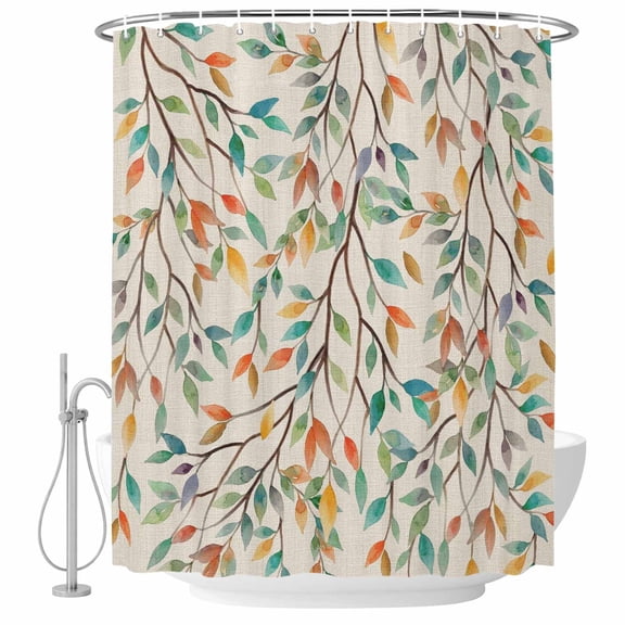 Small Stall Shower Curtain 36x78 Inch Narrow Half Size Teal Orange Eucalyptus Bath Curtains Bathroom Decor, Spring Botanical Leaves Waterproof Fabric Shower Curtain Set with Hooks 36 Inch