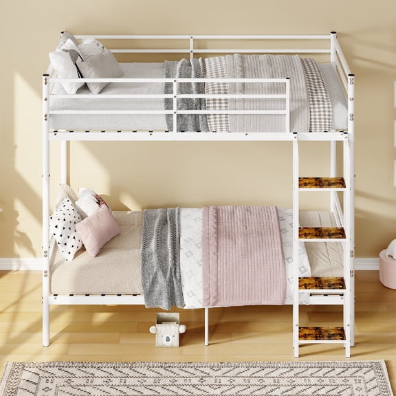 Twin Over Twin Bunk Beds Frame with Able to Split, Metal Slats Support Heavy-Duty Bunk Bed with Safety Guardrail and Ladder for Bedroom, dorm, Mattress not included, No Spring Box Required, White