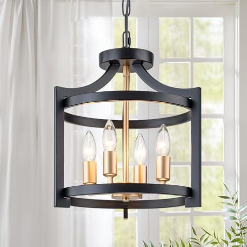 4 Light Modern Farmhouse Chandelier, Black & Gold Convertible Semi Flush Mount Ceiling Light, Height Adjustable Pendant Lamp with E12 Base for Dining Room Kitchen Island Foyer Entryway Hallway