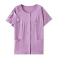 thumbnail image 2 of iHengLiXing Women's Easy To Wear And Take Off Postoperative Care Clothing For Fractures Fully Open Button Shoulder Inserted Short Sleeved Double Pocket Round Neck Top Purple XL, 2 of 7