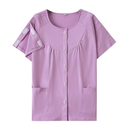 Olyvenn Women s Post Shoulder Surgery Recovery Shirts Short Sleeve Tear Away Pants for Women Patient Pajamas Purple XL