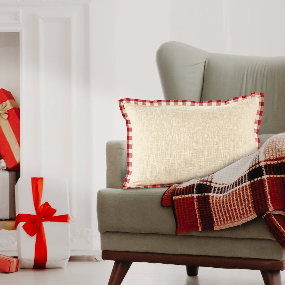 LR Home Merry Cotton Poly Filled Pillow in White/Red, 16" x 24"