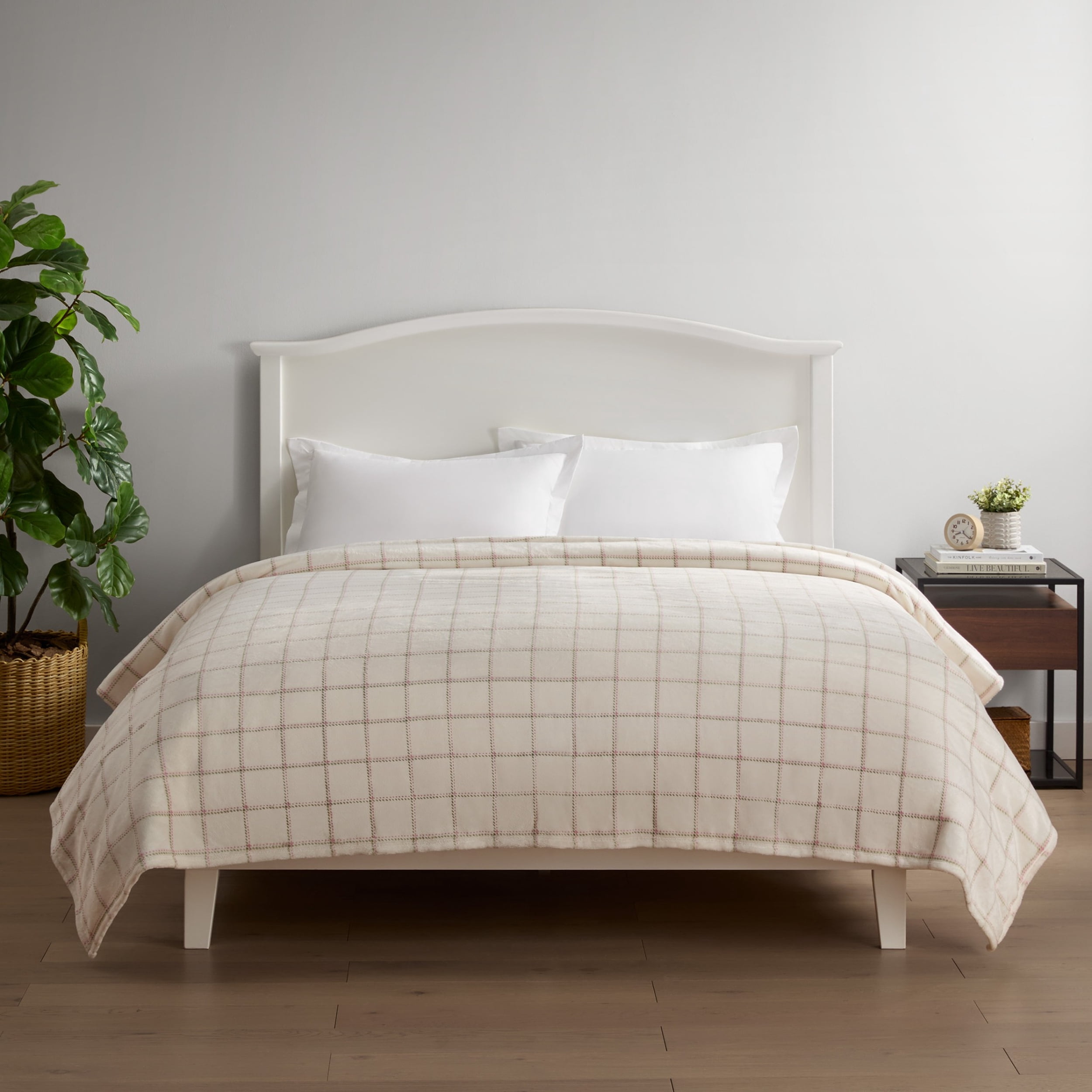 Mainstays Velvet Plush Bed Blanket, Ivory Check, King Size