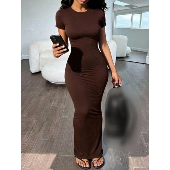 Bodycon Short Sleeve Maxi Dress with Gathered Waist and Slit Hem