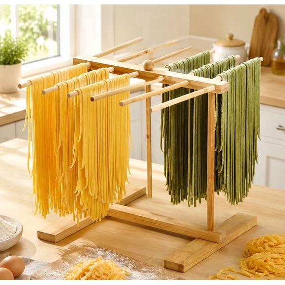 PLERISE Bamboo Pasta Drying Rack with 12 Bars and Transfer Wand, Easy Move Design for Homemade Pasta, Space Saving Noodle Storage Holder