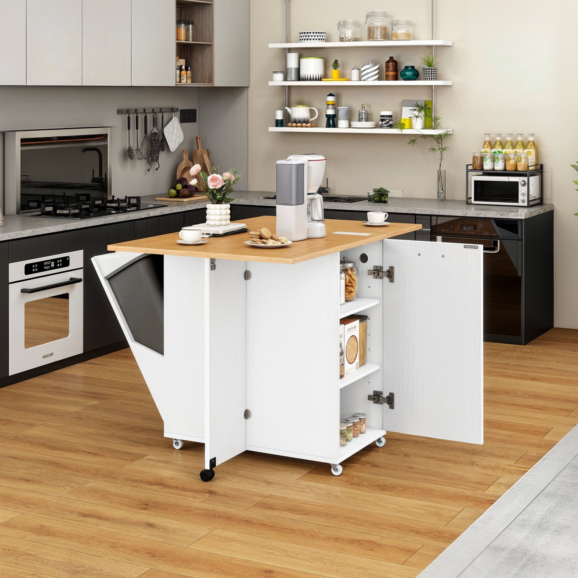 Uforic Kitchen Island with Drop Leaf, Kitchen Storage Cart with Power Outlets, Cabinet for 10-Gal Trash Bin, White