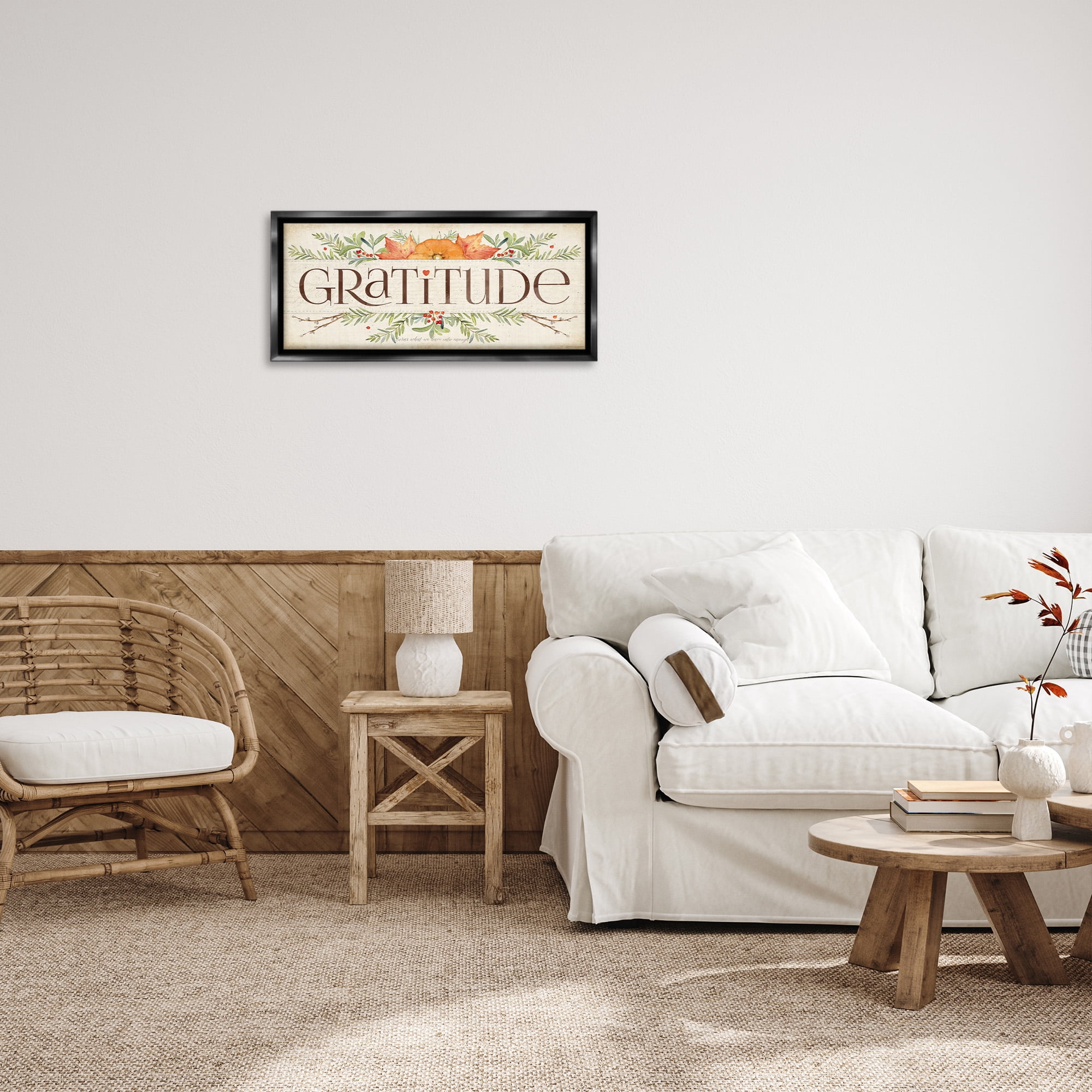Stupell Industries Seasonal Gratitude Floral Leaves Typography Painting Black Floater Framed Canvas Art Print Wall Art, 25 x 11