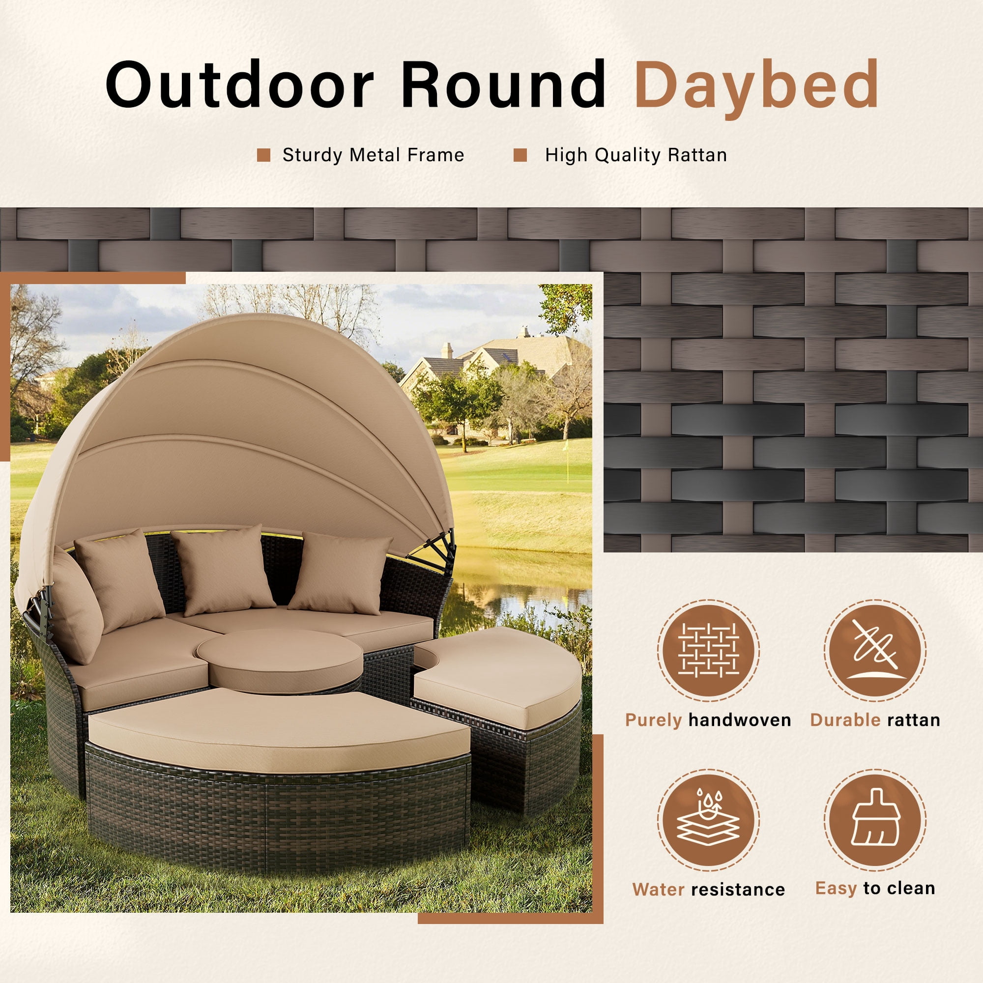 SUNCROWN Outdoor Rattan Round Retractable Canopy Daybed Patio Sofa Furniture Brown Clamshell Sectional Seating with Washable Cushions