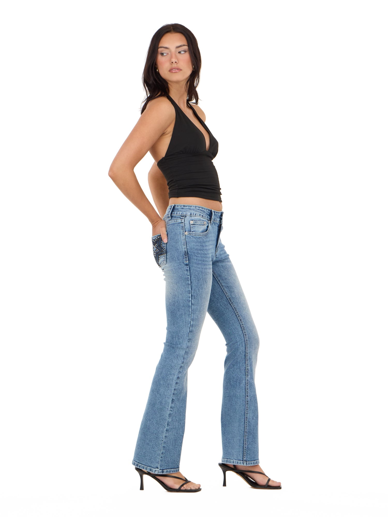Forever 21 Women's and Women's Plus Mid Rise Bootcut Denim Pants with Rhinestone and Embroidered Back Pockets, Fitted Stretch Jeans, Vintage Wash Casual Style, Blue, 00-4X