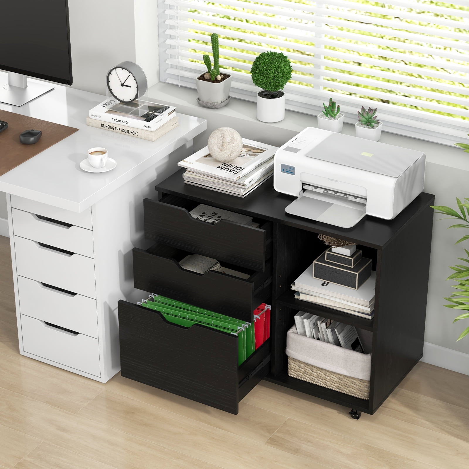Giantex Rolling File Cabinet, Lateral Filing Cabinet w/Open Storage Shelves, Under Desk Storage Organizer, Mobile Printer Stand, Black