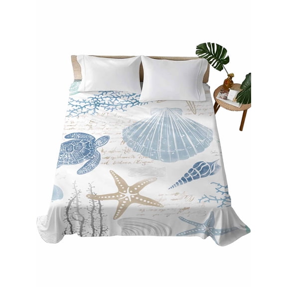 Blue Coastal Nautical Flat Sheets Only Queen Size, Soft Breathable Bed Top Sheets for Mattress, Beach Sea Turtle Ocean Coral Starfish Luxury Bedding Flat Sheets for Home Hotel Bedroom Bed Protection