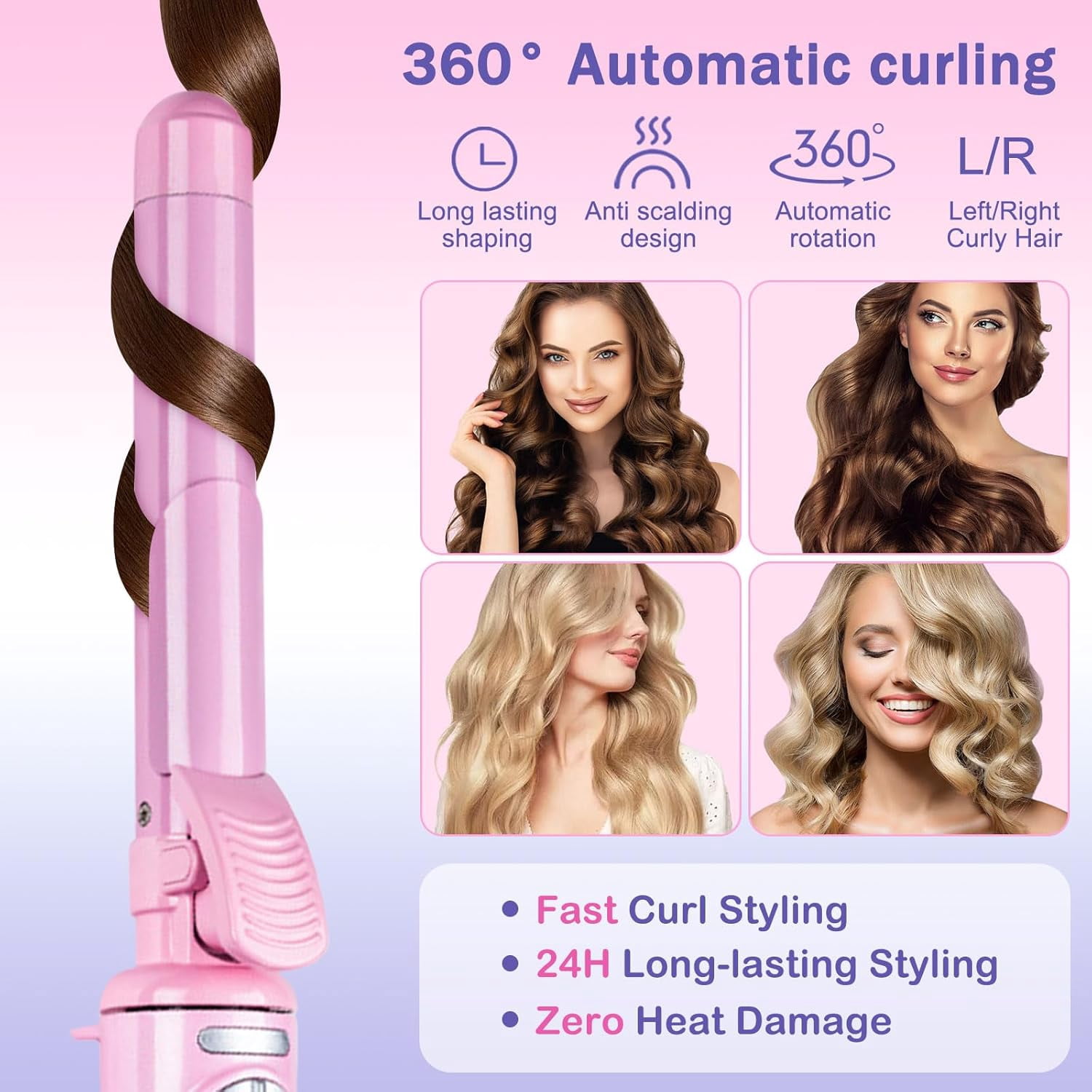 Curling Iron，Automatic Curling Iron，Ceramic Material Does not harm Hair, Temperature Display, Ceramic Heat Pipe Length 5.1 inches，Pink Sunse