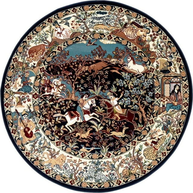 Unique Loom Narenj Hunting Scene Textured Rug 5' x 5' Round Navy Blue/Tan