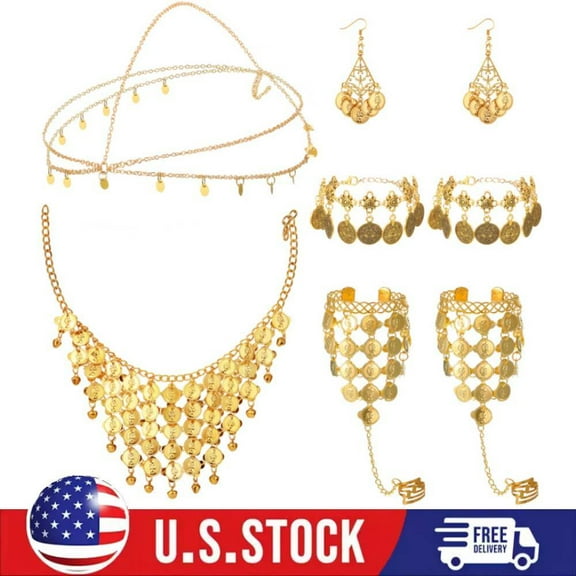 Belly Dance Jewelry Set Women Sequins Head Chain Coins Necklace Earrings Bracele