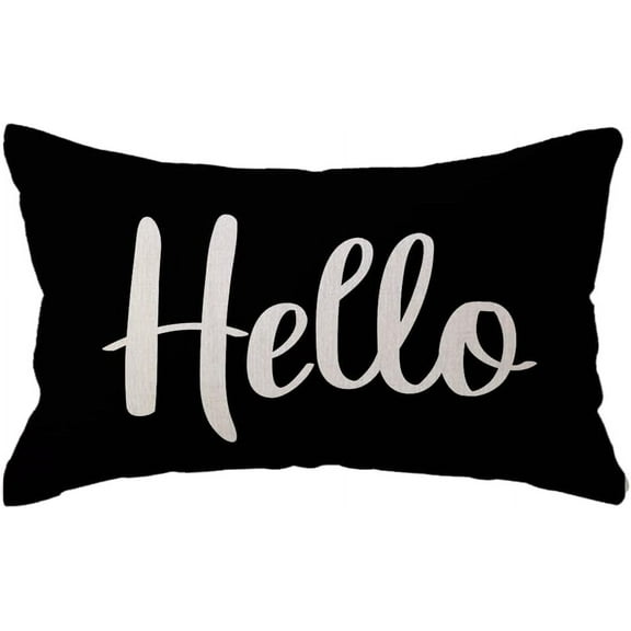 Hello Lumbar Throw Pillow Covers 12 x 20 Inch Farmhouse Rustic Decorative Rectangular Cushion Covers for Front Porch Welcome Decor Perfect Housewarming Gifts (Black)