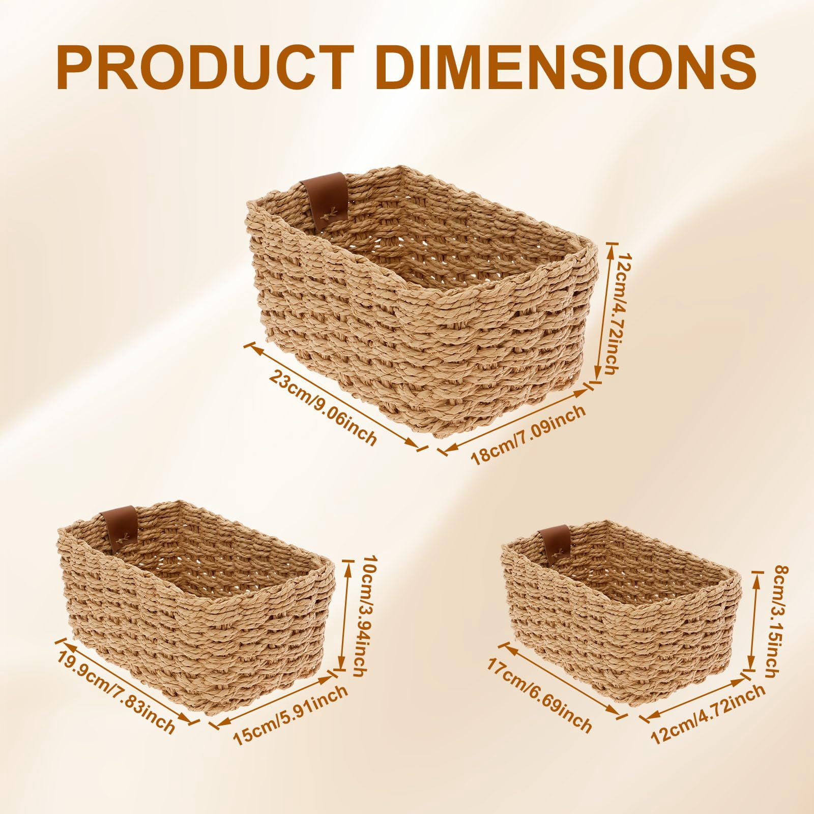 Asunby Small Wicker Baskets for Organizing, Recycled Paper Rope Storage Basket Container Bins for Shelves Bathroom Cupboards Drawer, Decorative Square Basket Organizer Set of 3