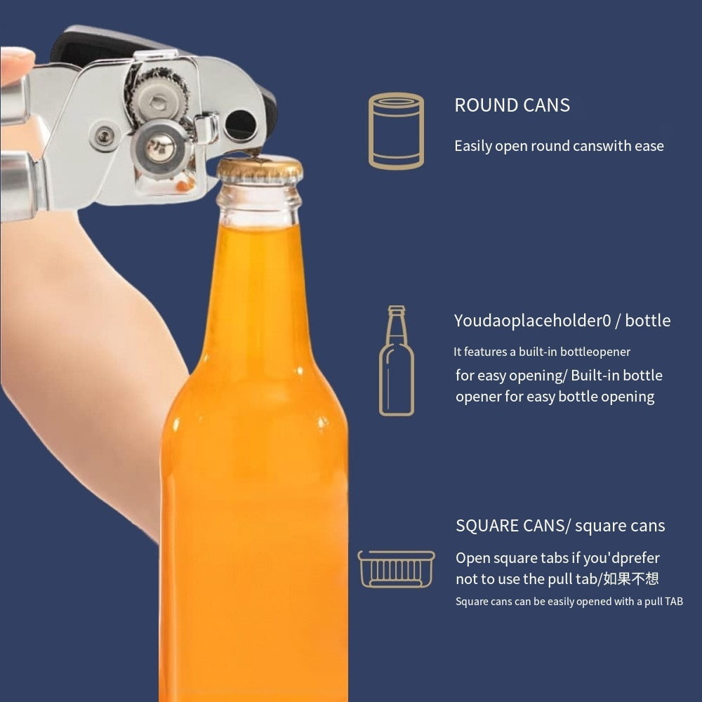 Stainless Steel 3-in-1 Can Opener - Multifunctional Kitchen Tool for Effortless Opening of Cans, Lids, and Bottles