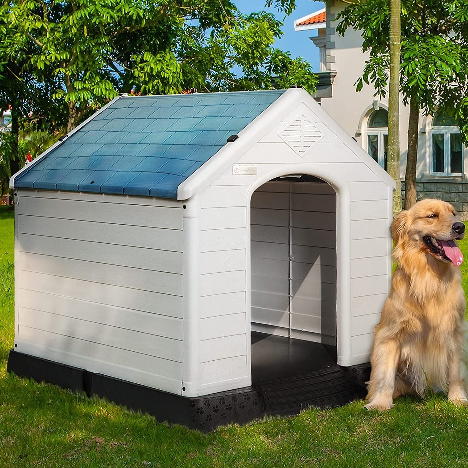 R/E Indoor Outdoor Dog House Plastic Large Dog House for Small Medium Dog Waterproof Resistant Sun Pet Kennel with Air Vents and Elevated Floor,Easy Assembly 